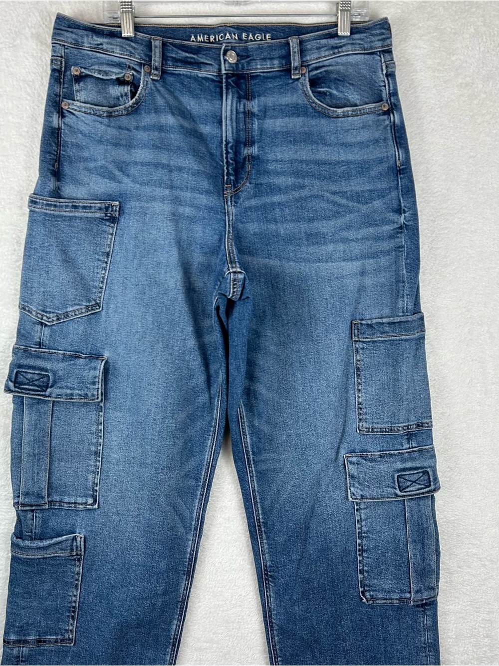 American Eagle Jeans Womens 16 Blue Baggy Straight Super High Rise Cargo Denim